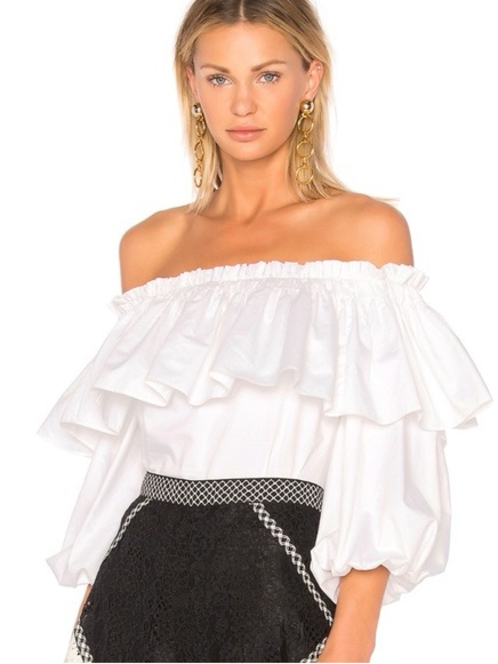 ⁠Alexis White Off The Shoulder Ruffle Poplin Blouse Top XS Cotton Balloon Sleeve
